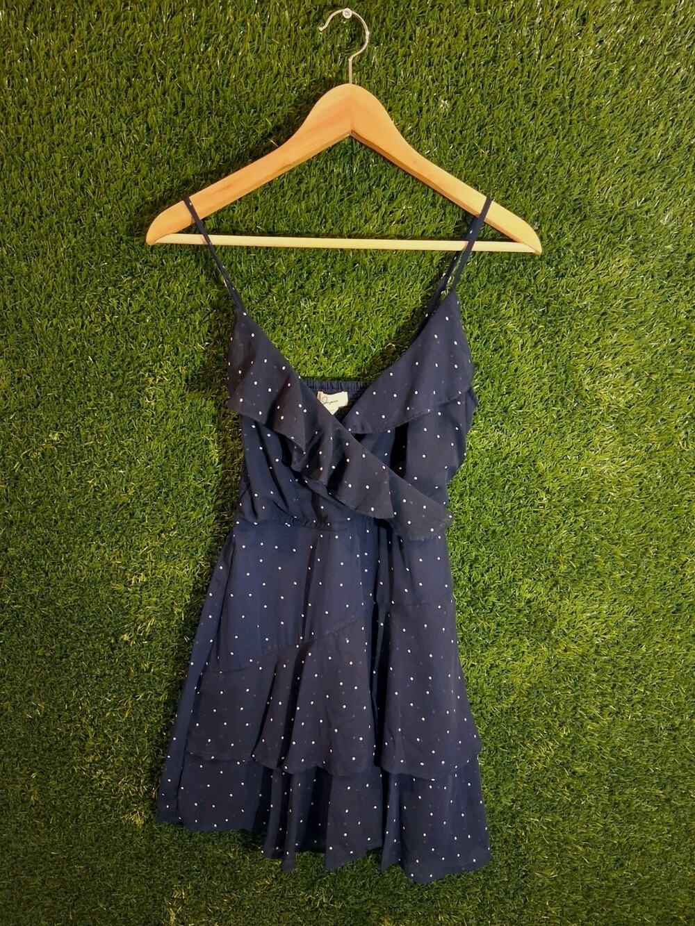 Japna Navy Blue Polka Dot Romper Dress Size M Ruffle Faux Wrap Tiered Bachelor